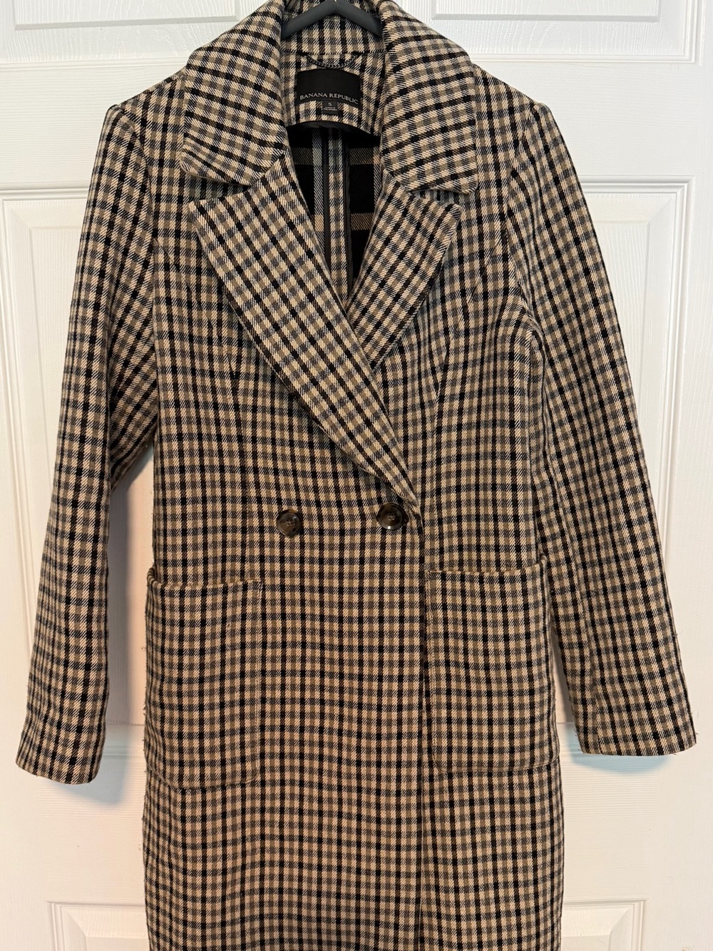 Banana Republic Plaid Pea Coat in Black and Cream